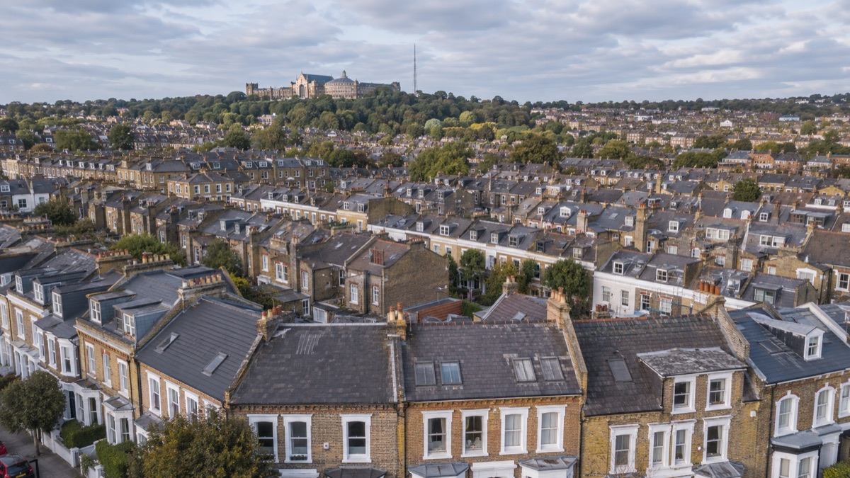 Aerial view across North London rooftops